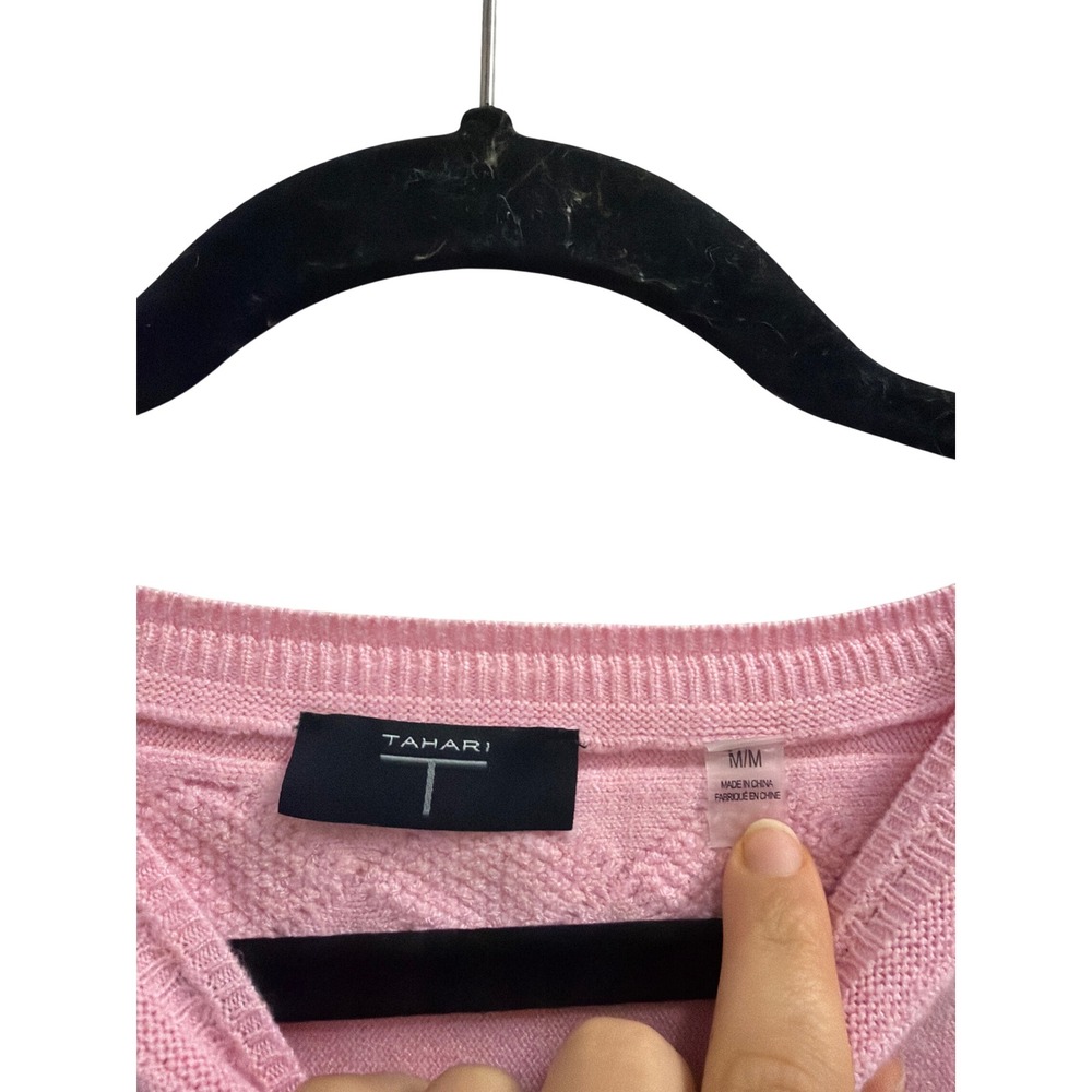 Sweater Cable Knit Coquette Tahari Women Medium Pink Lattice Shoulder Sleeve - Picture 2 of 4